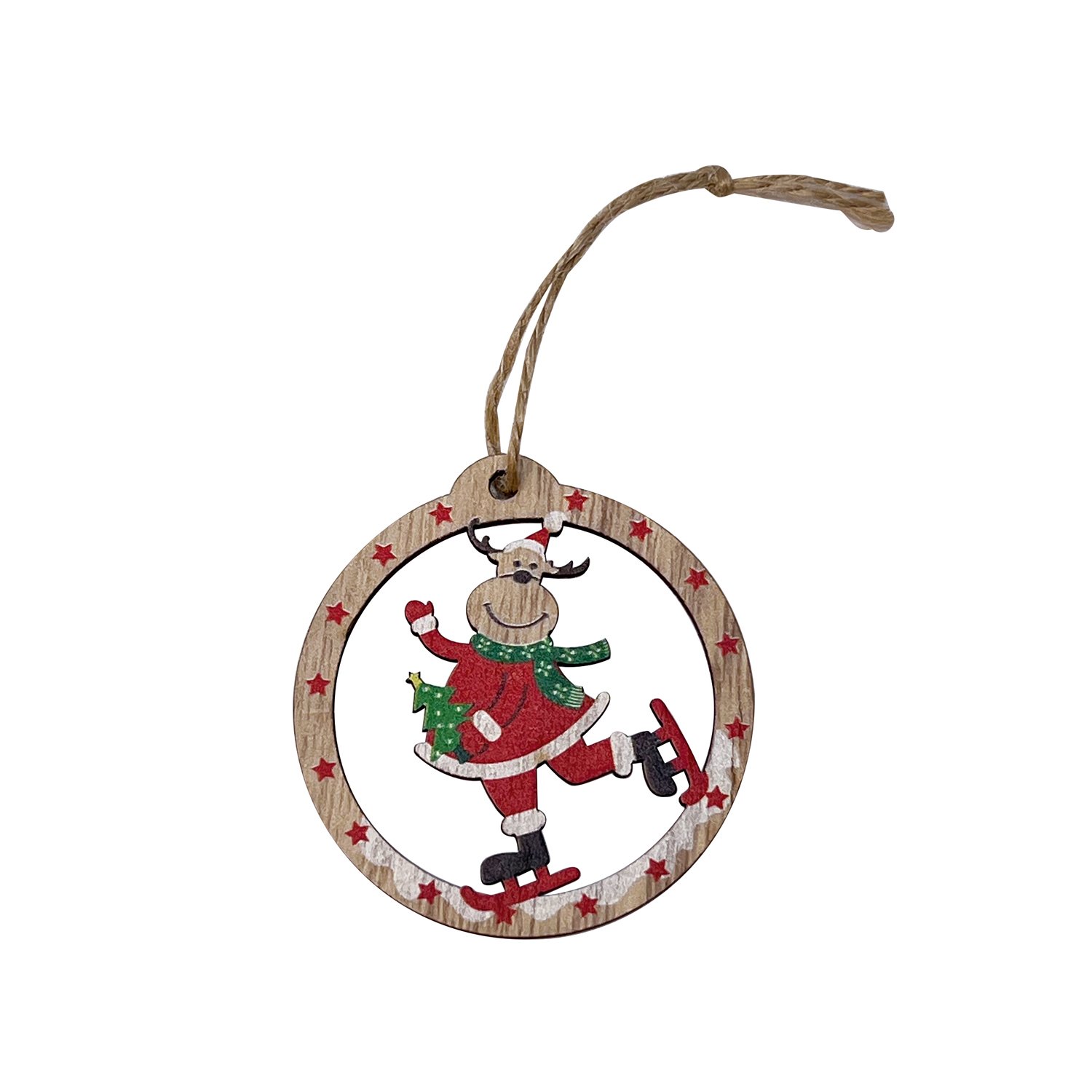 Wooden skating reindeer hanger with rope loop 7 x 6.5cm x 24pcs