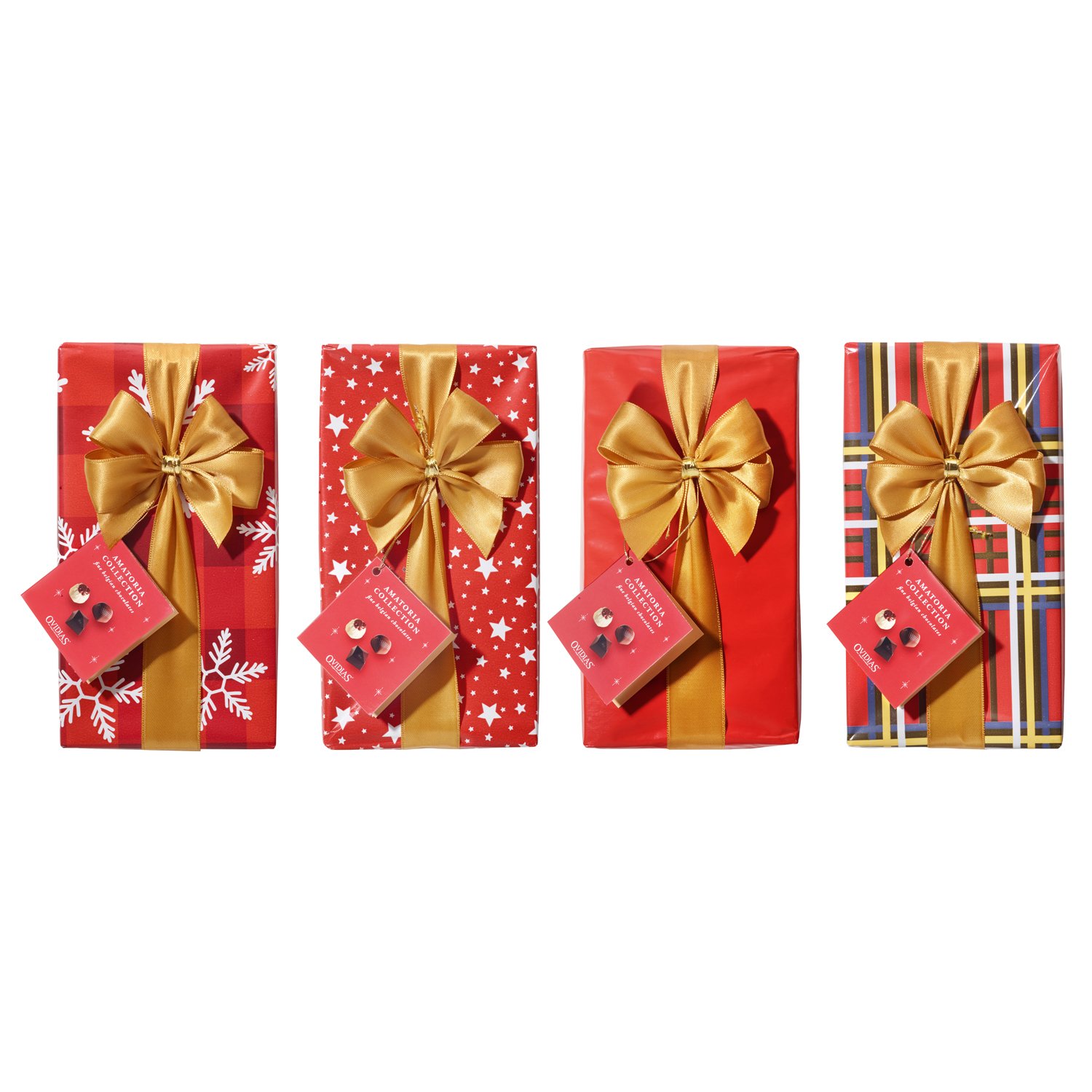 Red gift wrapped ballotins of 16 flow wrapped assorted chocolates  20x250g