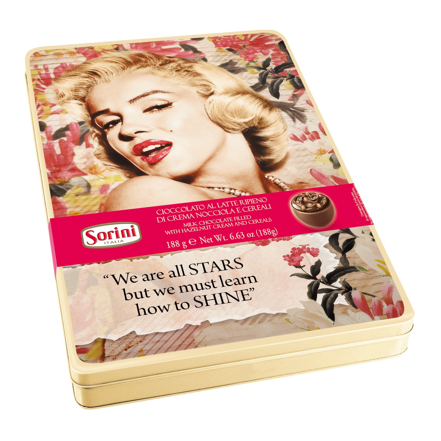 Marilyn & Audrey tins with milk choc spheres with hazelnut cream 8x188g