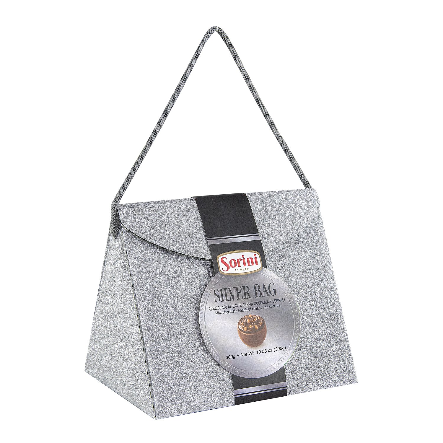 Maxi glitter bag with milk chocolate spheres with hazelnut cream 4x300g