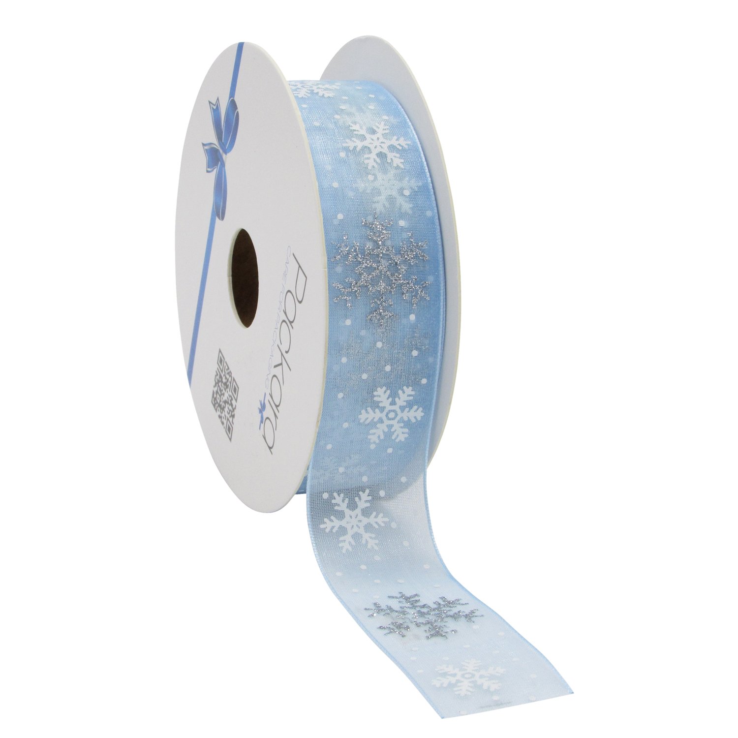 Ice blue organza ribbon with silver snowflakes 25mmx20m
