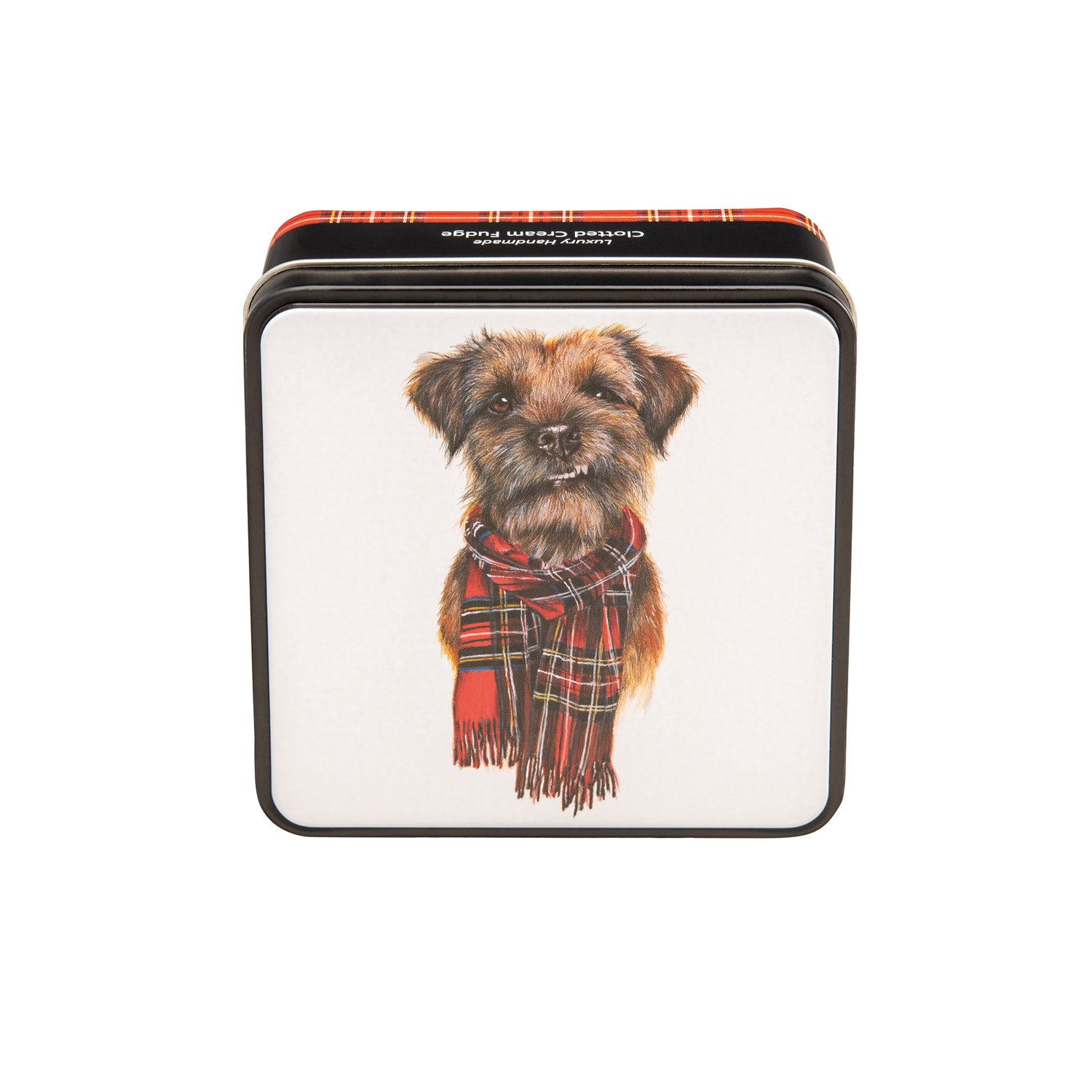 Lana Mathieson Murray the Border Terrier tin of clotted cream fudge 16x120g