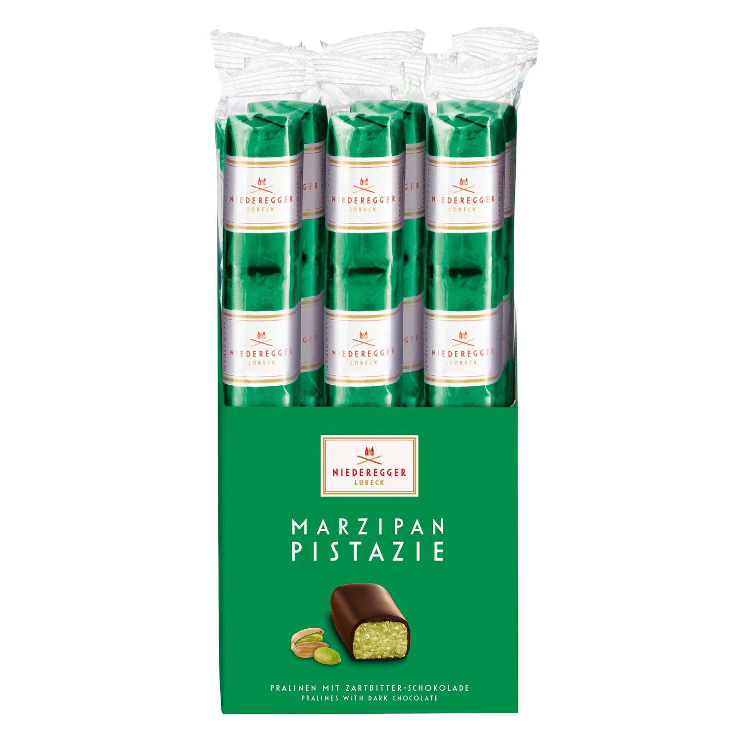 Dark chocolate pistachio marzipan mini loaves in stick pack 15x50g