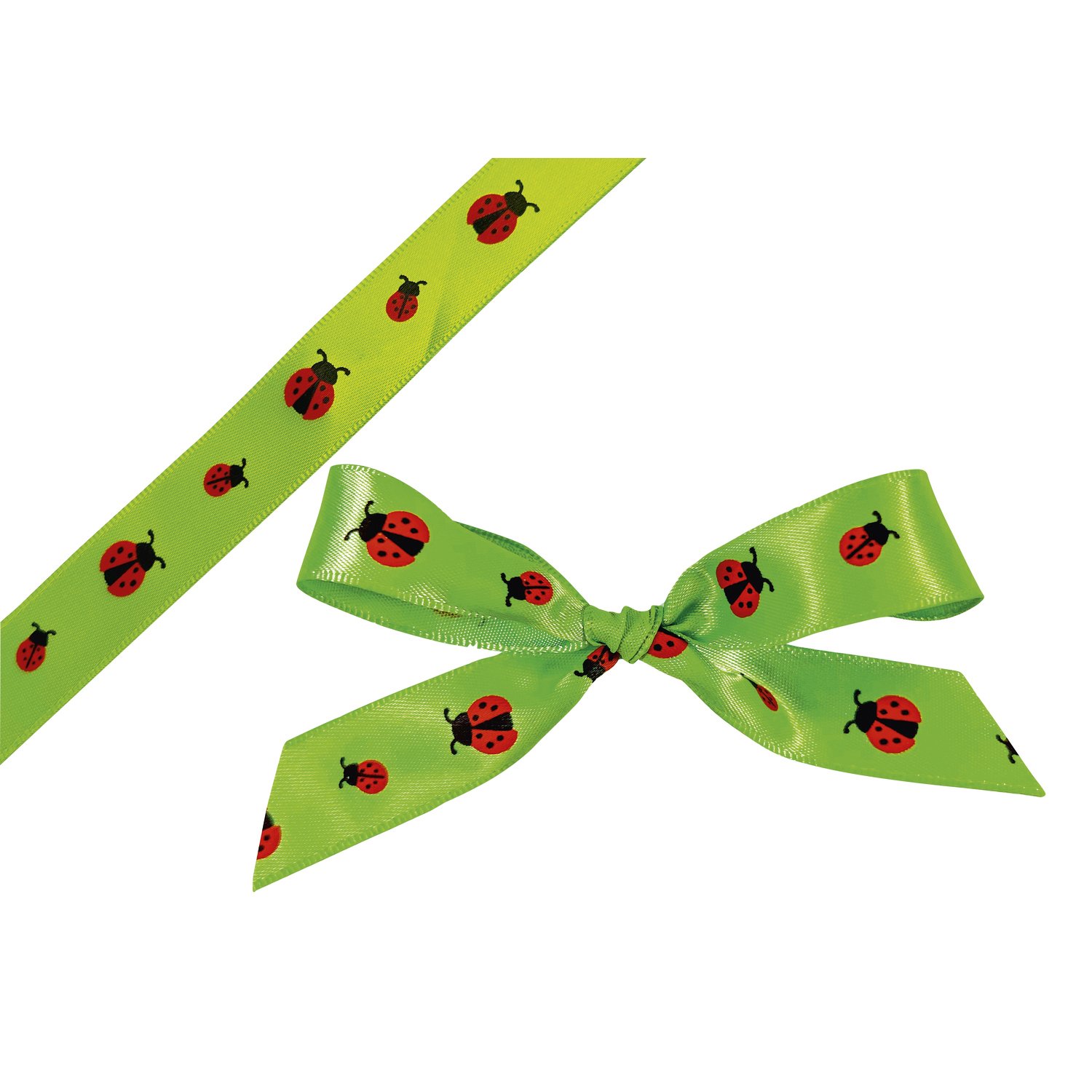 Green single face satin ribbon with Ladybugs - 15mmx25m