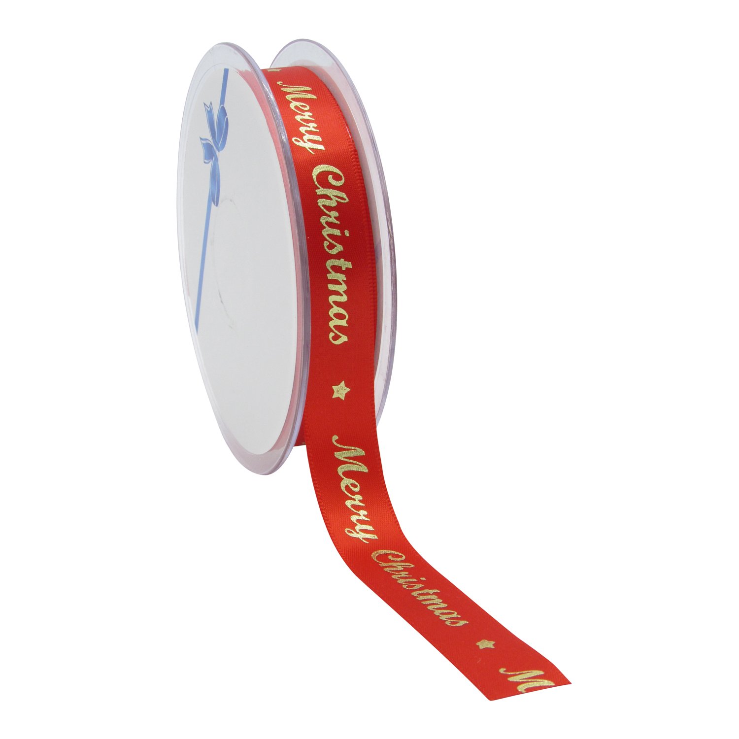 Red single faced satin ribbon with gold foil Merry Christmas design 15mmx25m