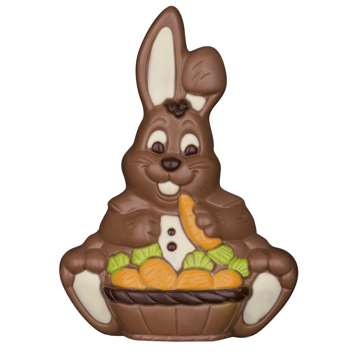 Decorated hollow milk choc bunny with carrot basket - 131mm - 6x200g
