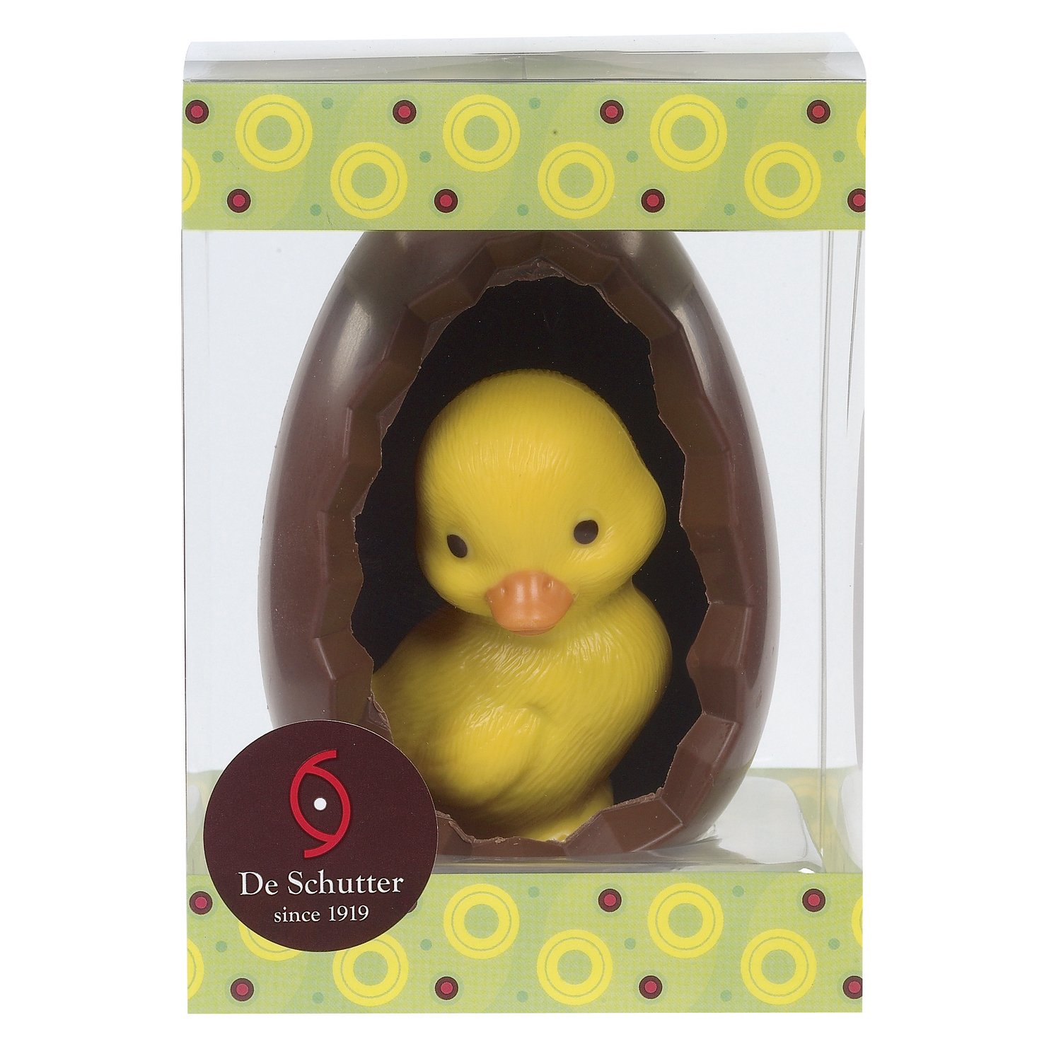 Milk choc open Easter egg with yellow choc duckling in cello box - 14cm - 6x180g