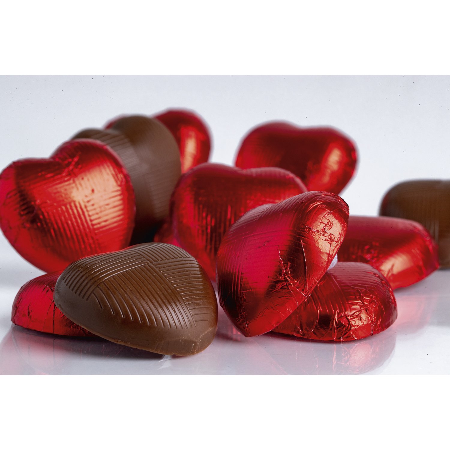 Red foiled creamy solid milk choc hearts in tub -  approx 160pcs - 1kg