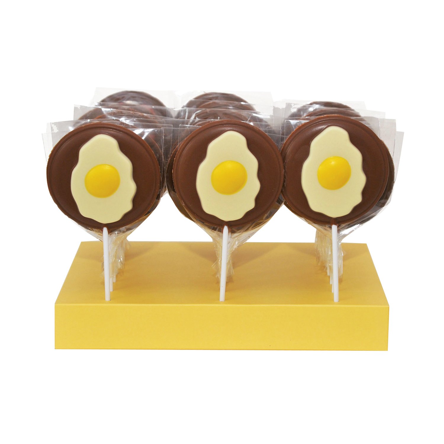 Fried Egg hand decorated milk choc lollies in display - 24x50g