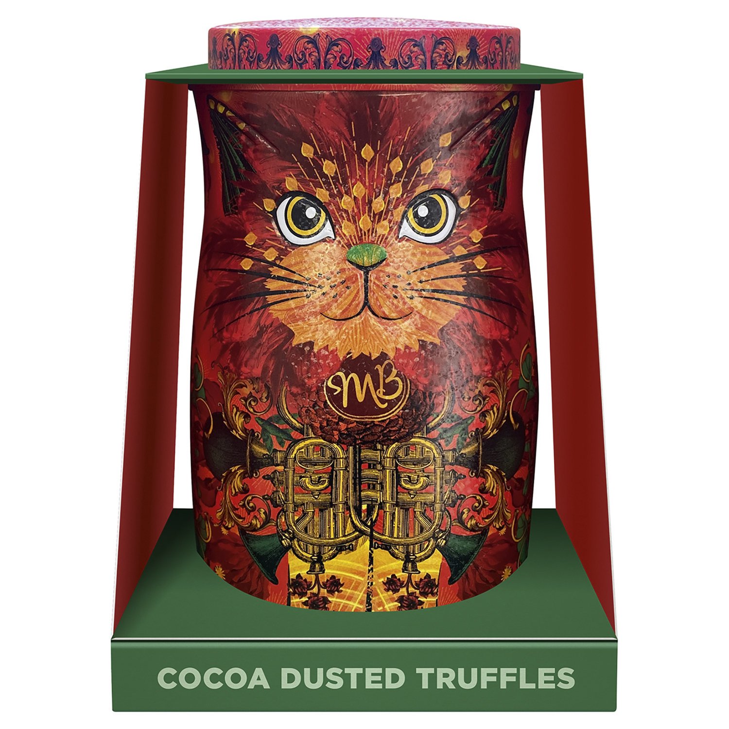 Fire Dancer orange cat tin of Angelical orange cocoa dusted truffles - 6x135g