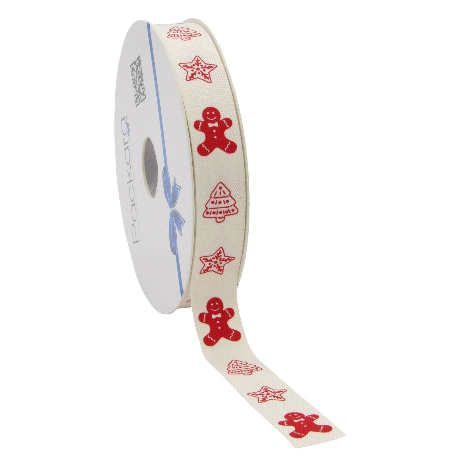 White cotton ribbon with red gingerbread and tree design 15mmx20m