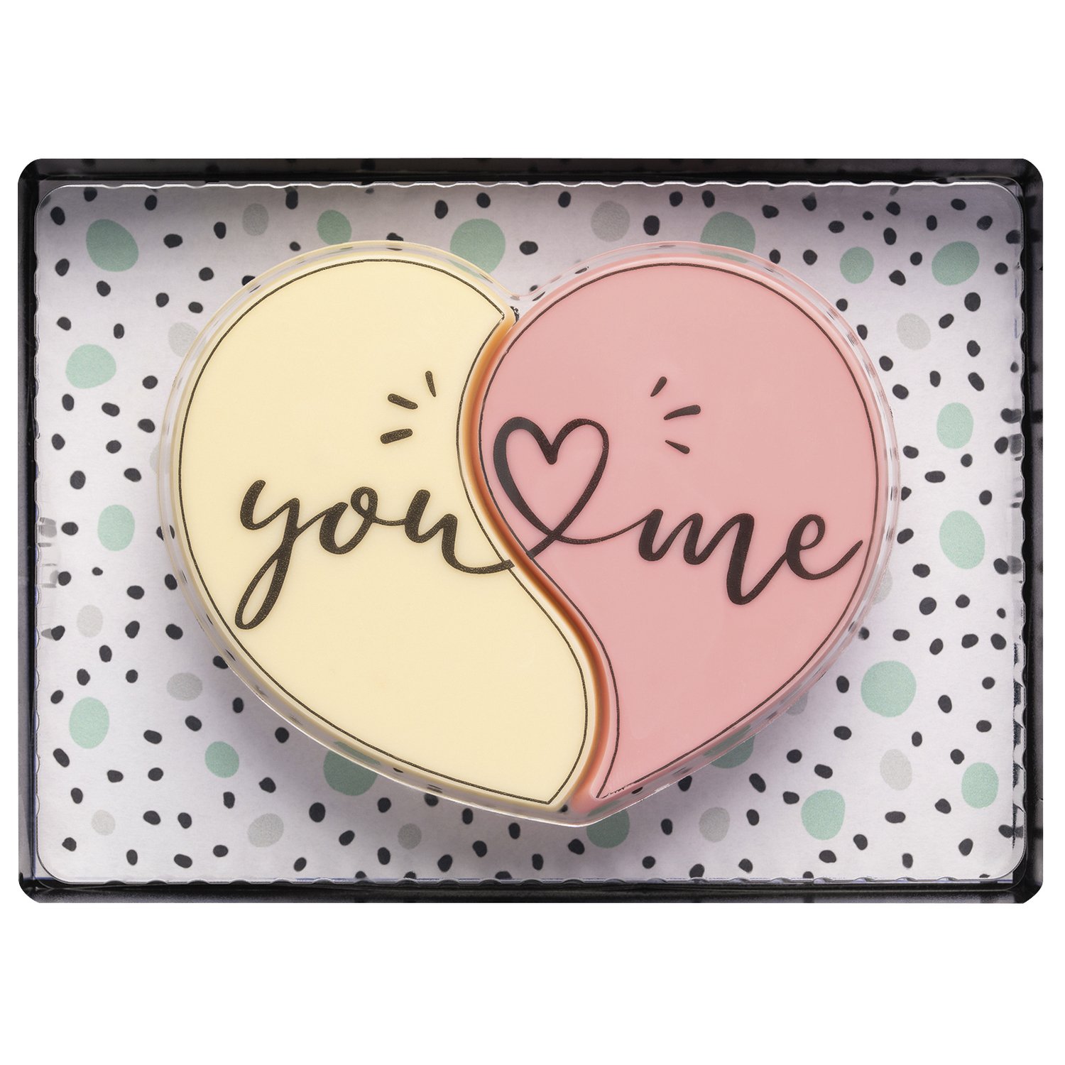 Decorated white choc separated you & me heart in gift box - 105mm - 8x50g