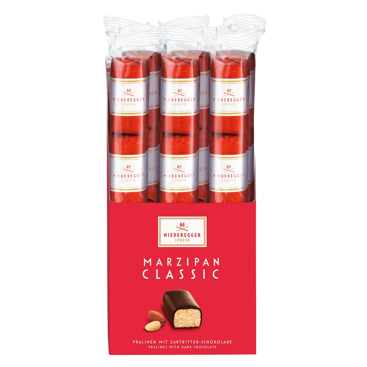 Dark chocolate marzipan mini loaves in flow wrapped stick pack 15x50g