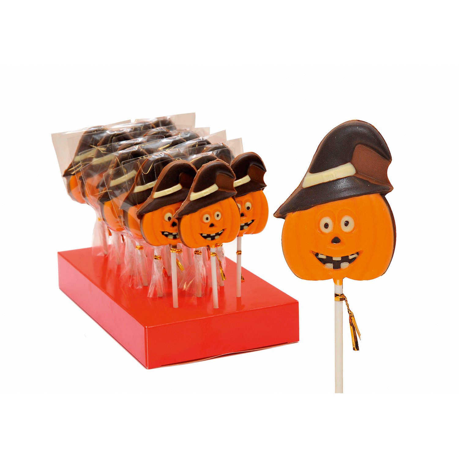 Hand decorated solid milk chocolate pumpkin with hat lolly 18x35g