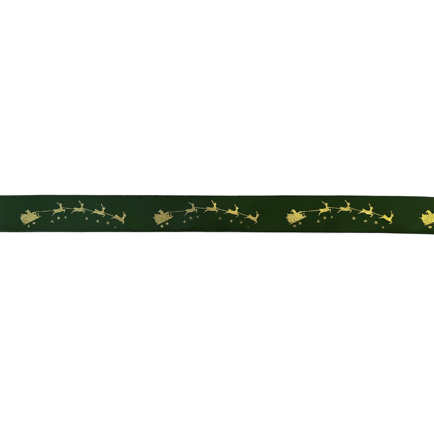 Winter green single faced satin ribbon with gold Santa on sleigh - 23mmx25m