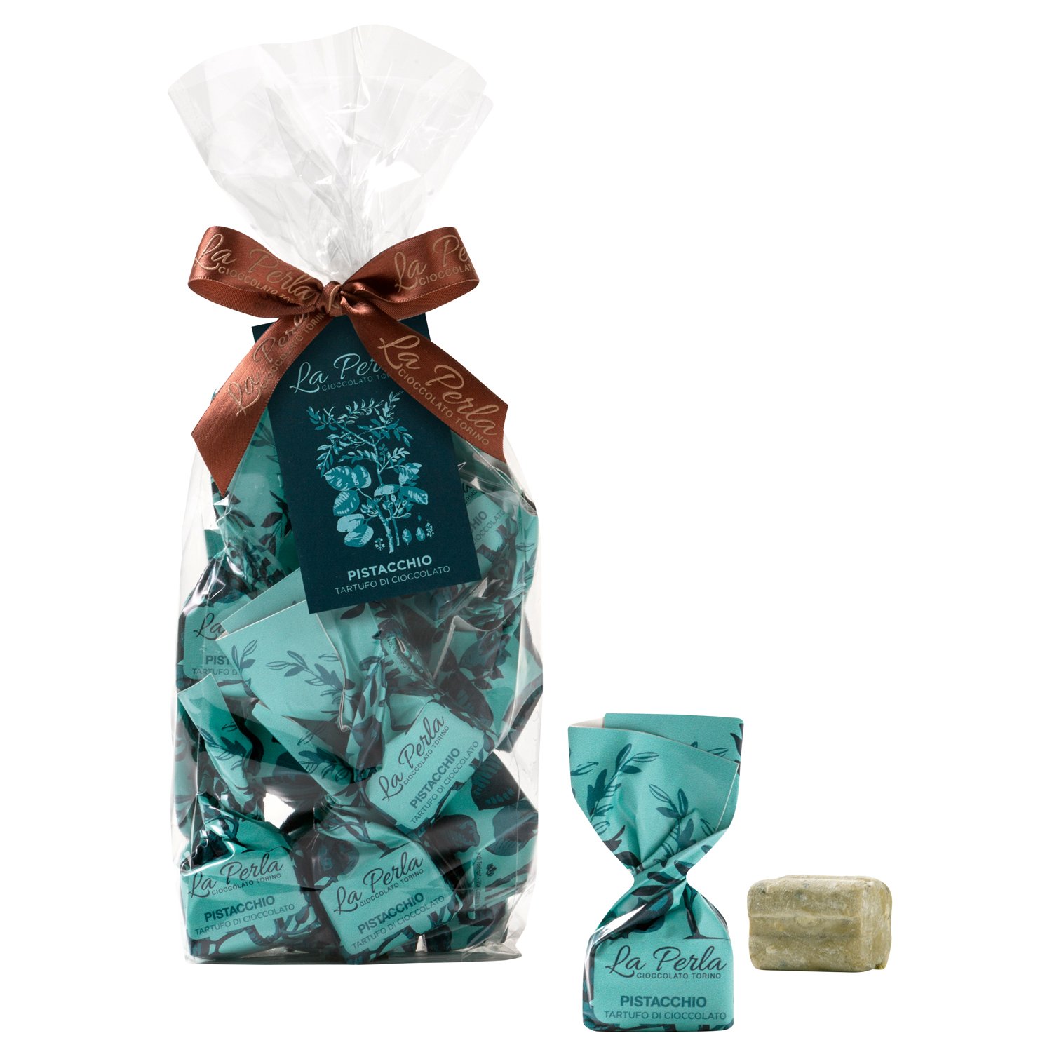 Classic sweet white choc truffles with pistachio in clear gift bag 20x118g