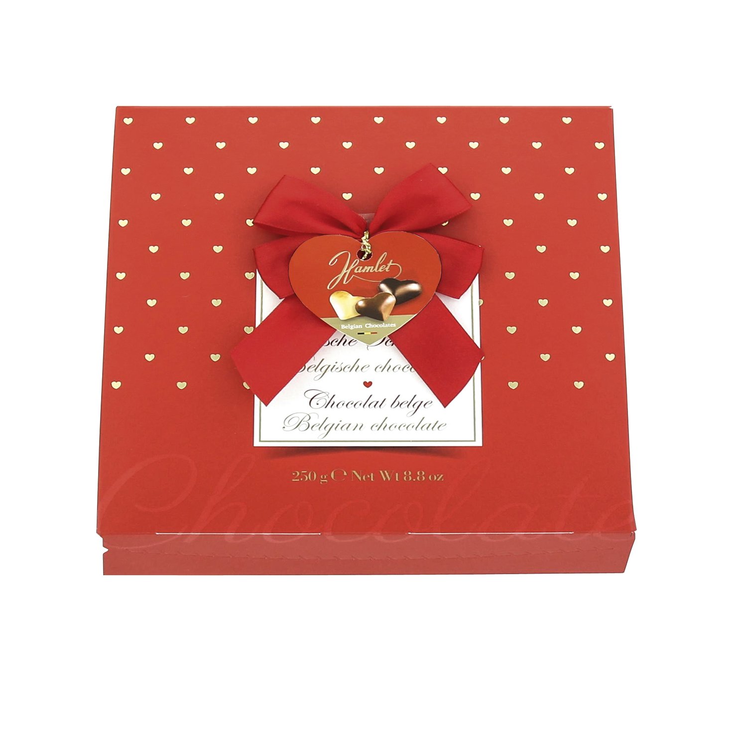 Red ribboned gift box of asstd choc hearts with hazelnut filling - 8x250g