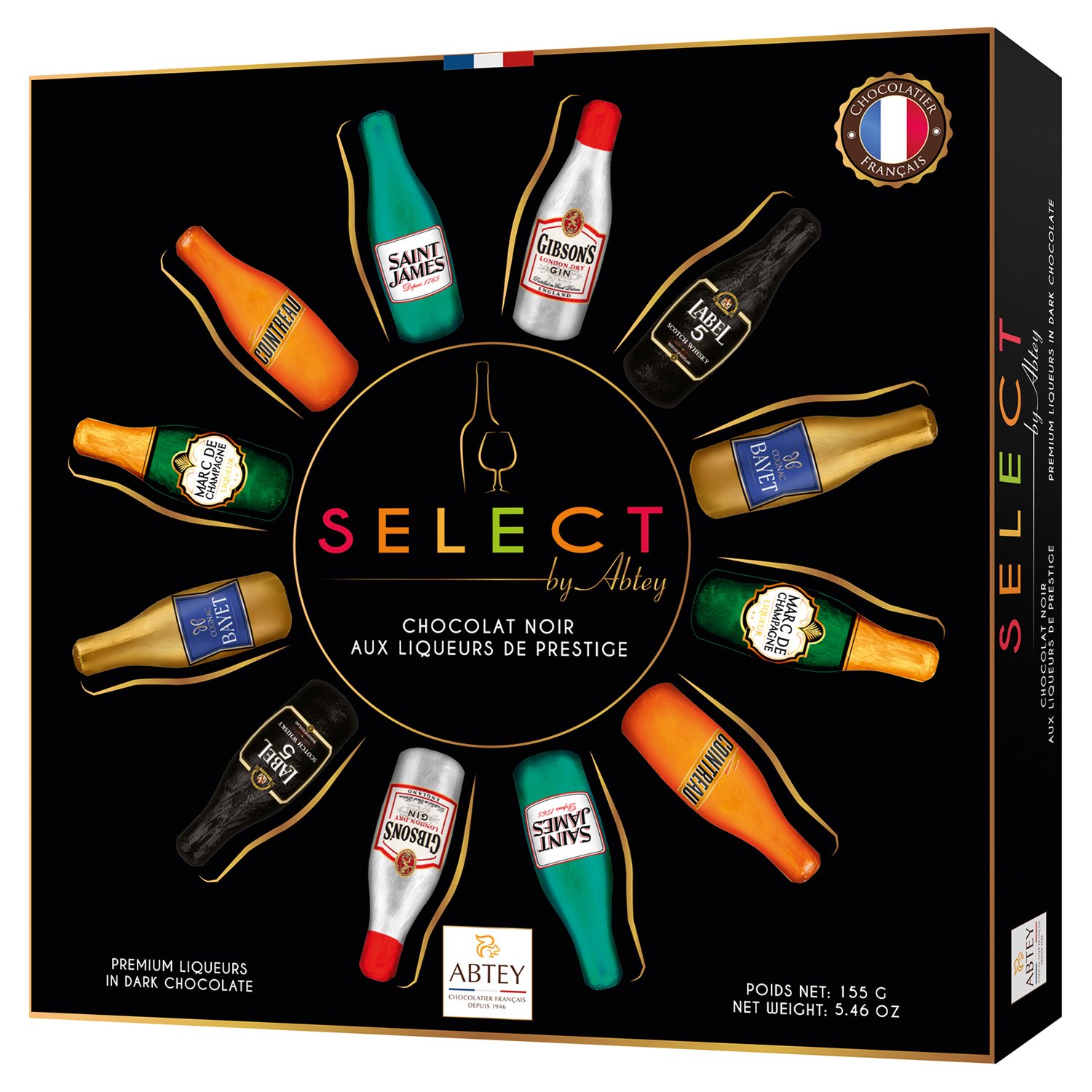 Abtey Etui Select luxury gift box of 12 assorted liqueur filled bottles 14x155g