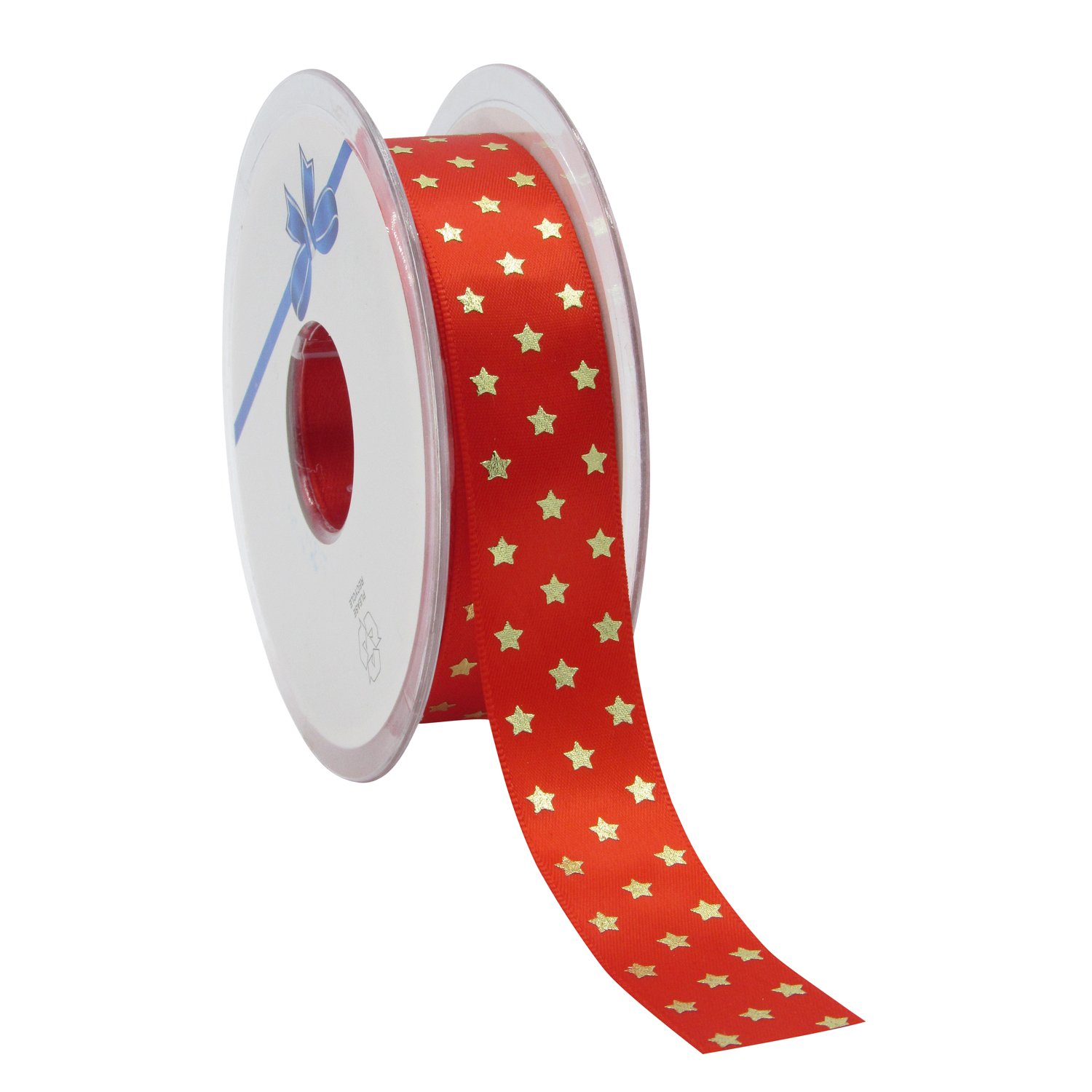 Red single faced satin ribbon with gold twinkling stars 23mmx25m