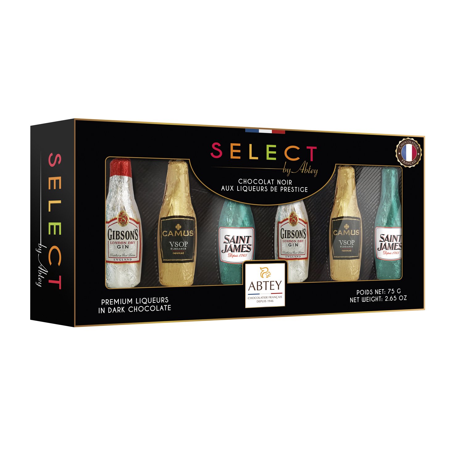 Abtey Etui Select long gift box of 6 assorted liqueur filled bottles 18x75g