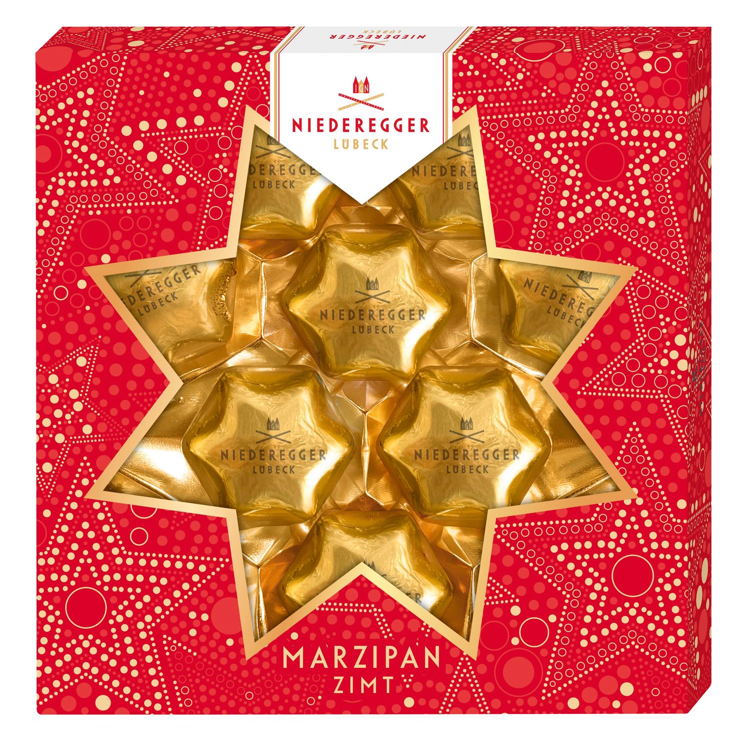 Christmas Stars -  cinnamon dark chocolate marzipan stars in gift box 10x125g