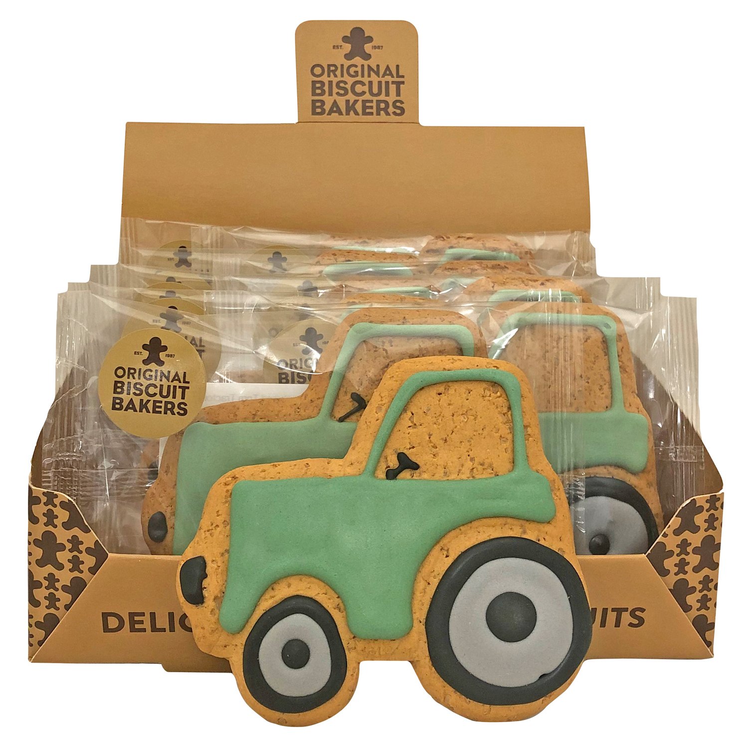 Green Tractor shaped iced gingerbread biscuits display - VAT FREE x 12pcs