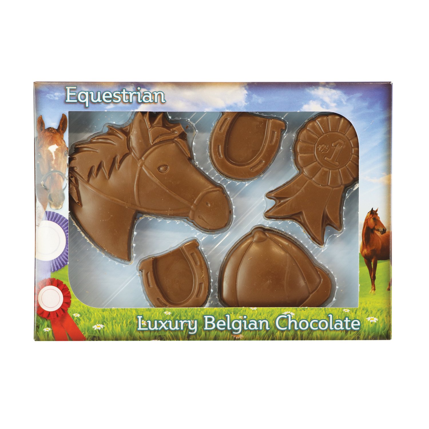 Solid milk chocolate equestrian kit in presentation carton 8x140g