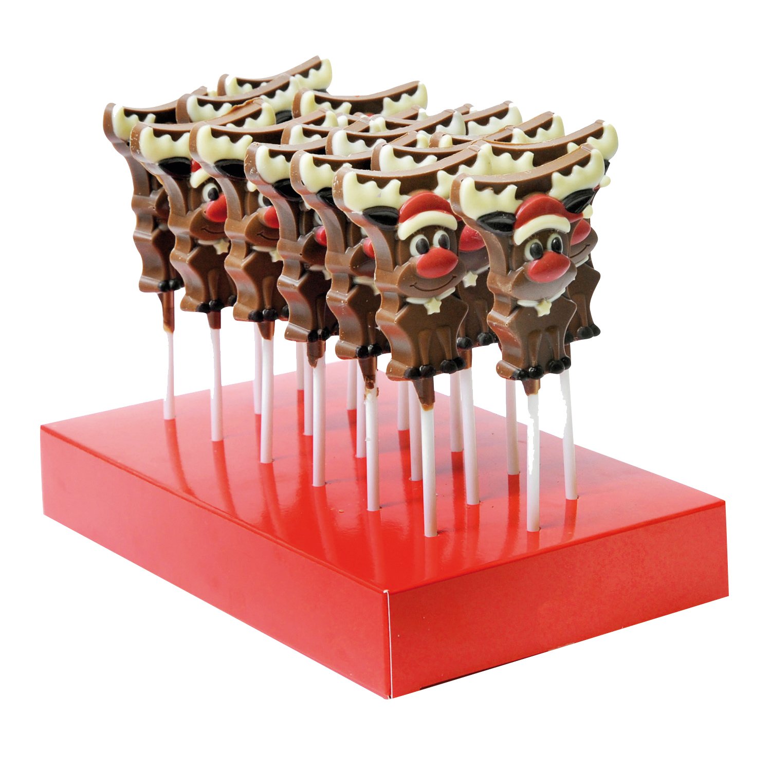 Hand decorated solid milk chocolate reindeer lollies 18x35g