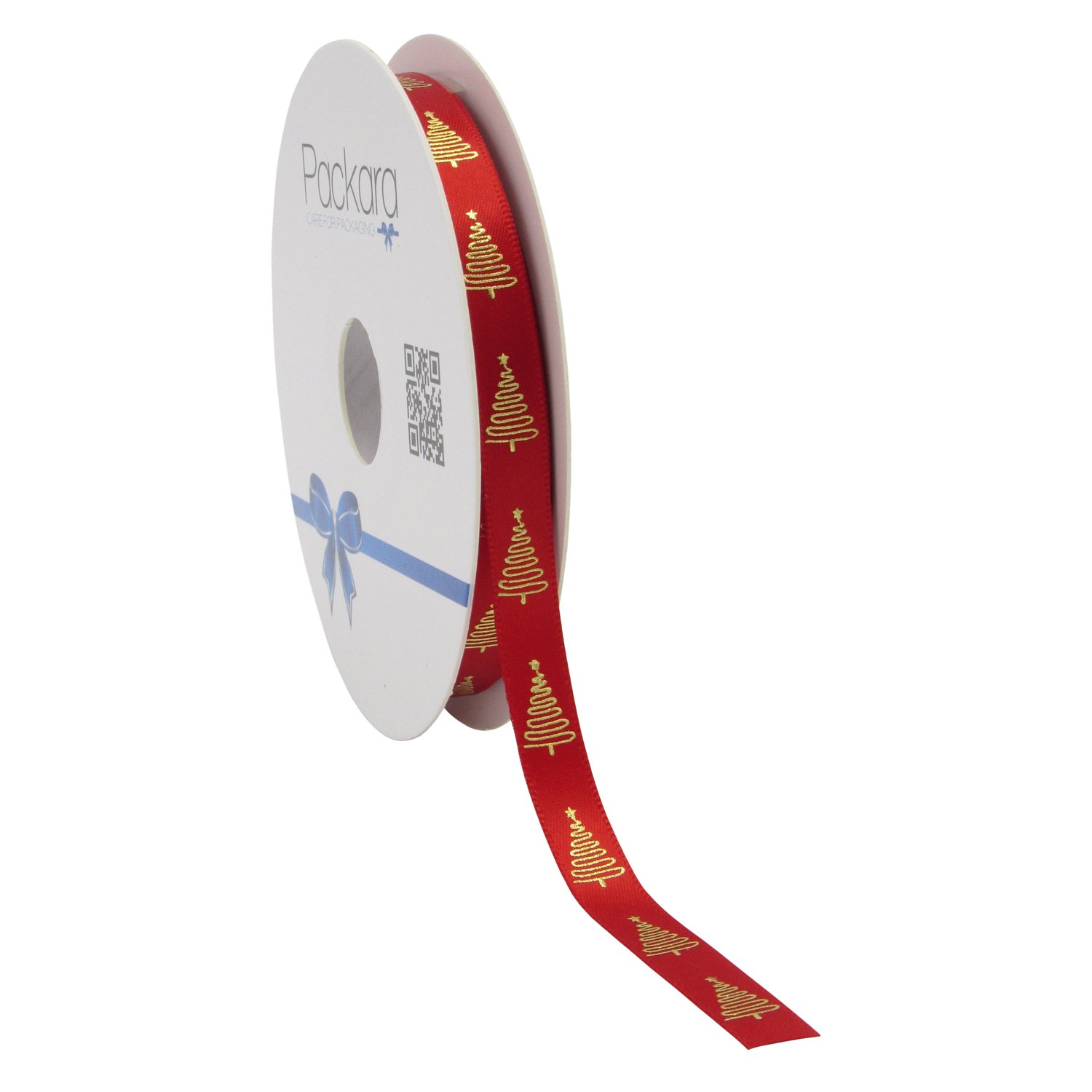 Red single faced satin ribbon with gold foil Christmas tree design 10mmx20m