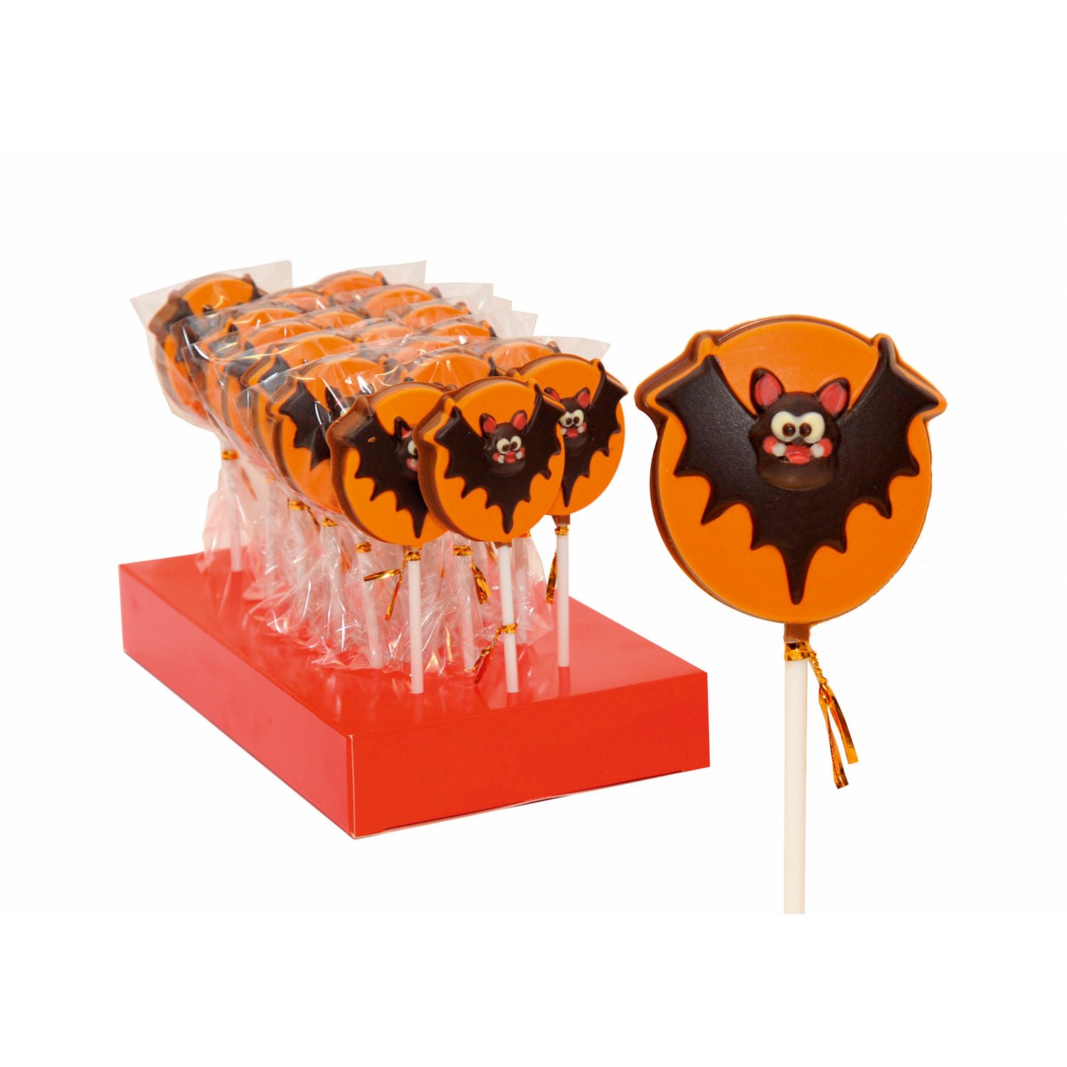 Hand decorated solid milk chocolate bat lolly 18x35g