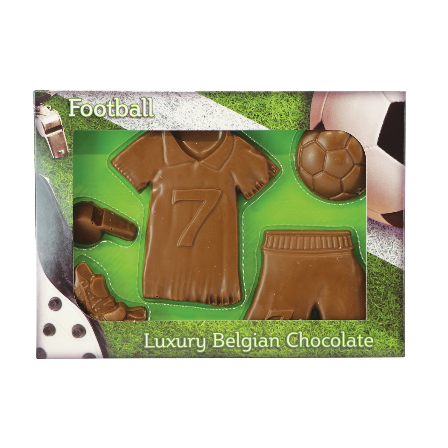 Solid milk chocolate football kit in presentation carton 8x160g