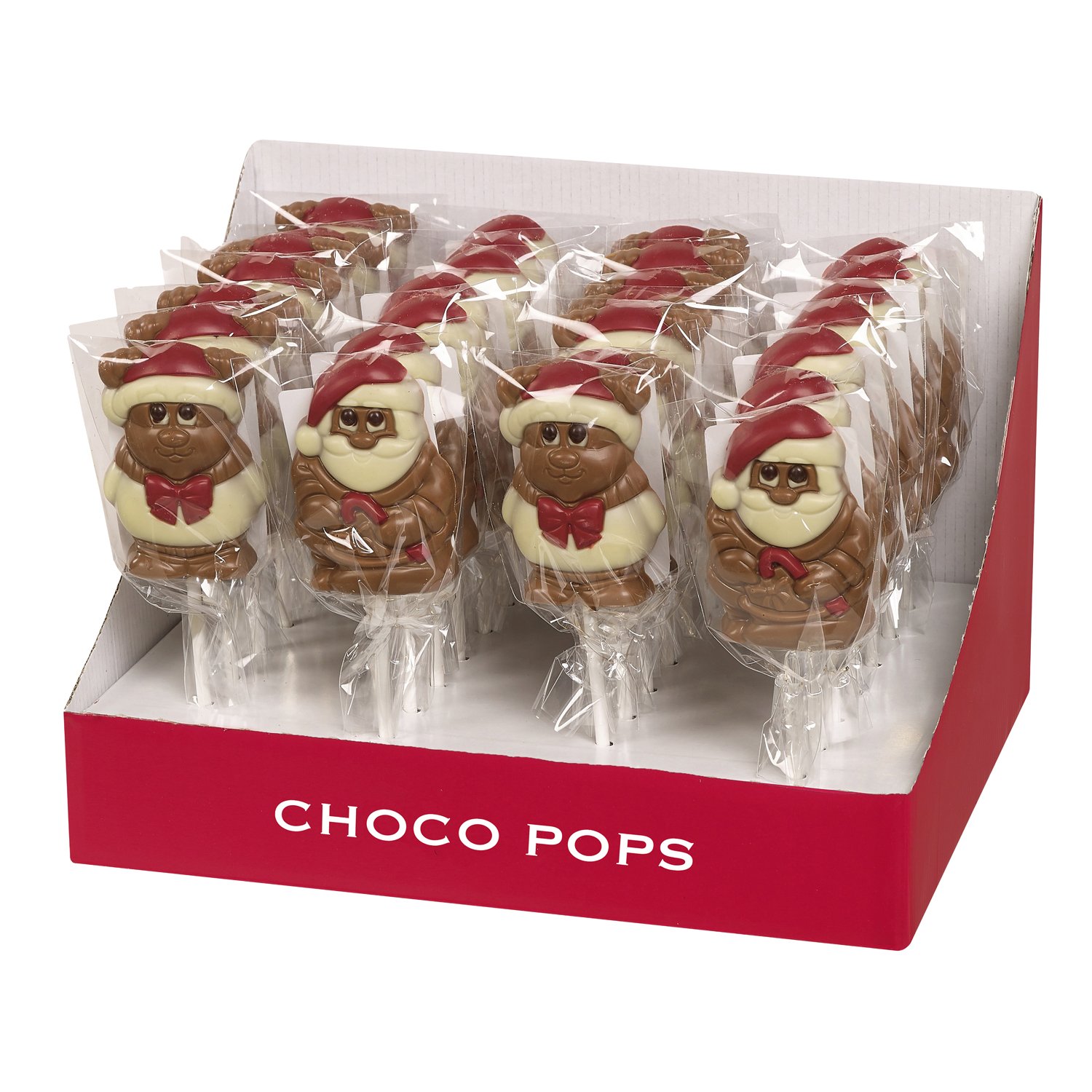Display of decorated milk choc Christmas figure lollies in display 28x30g
