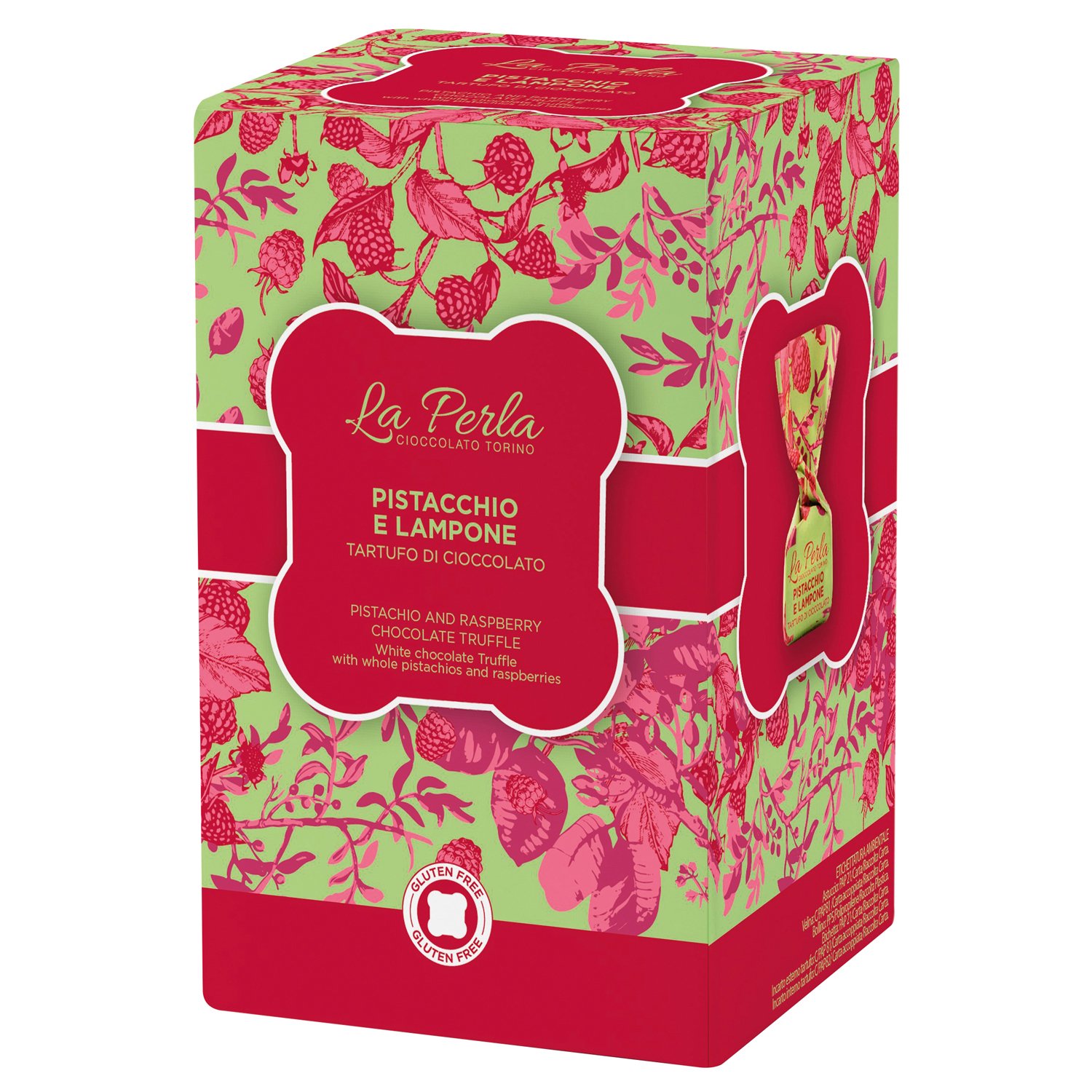 Sweet white choc truffles with pistachio and raspberry in gift box 12x150g