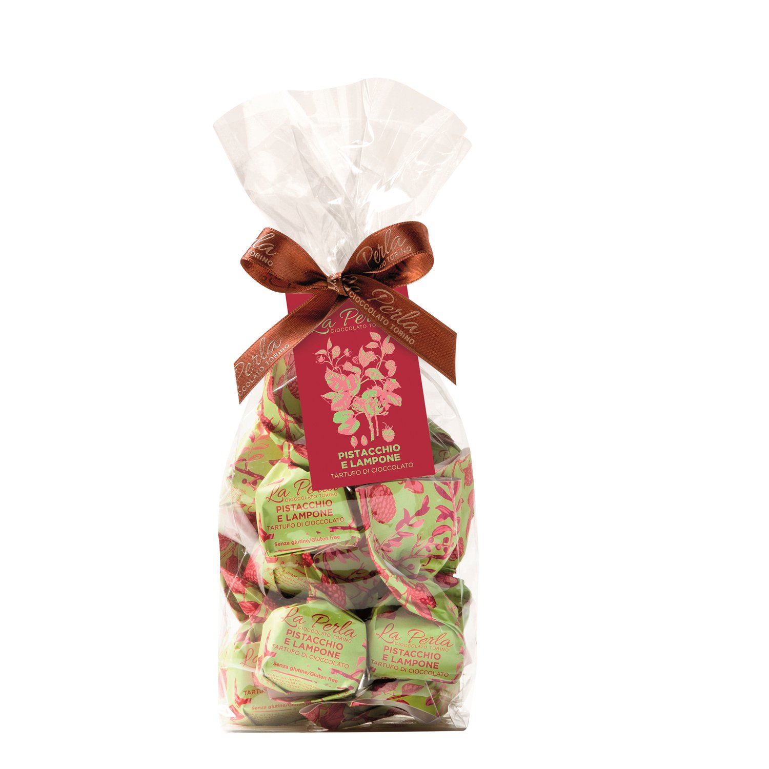 Sweet white choc truffles with pistachio and raspberry in gift bag 20x118g