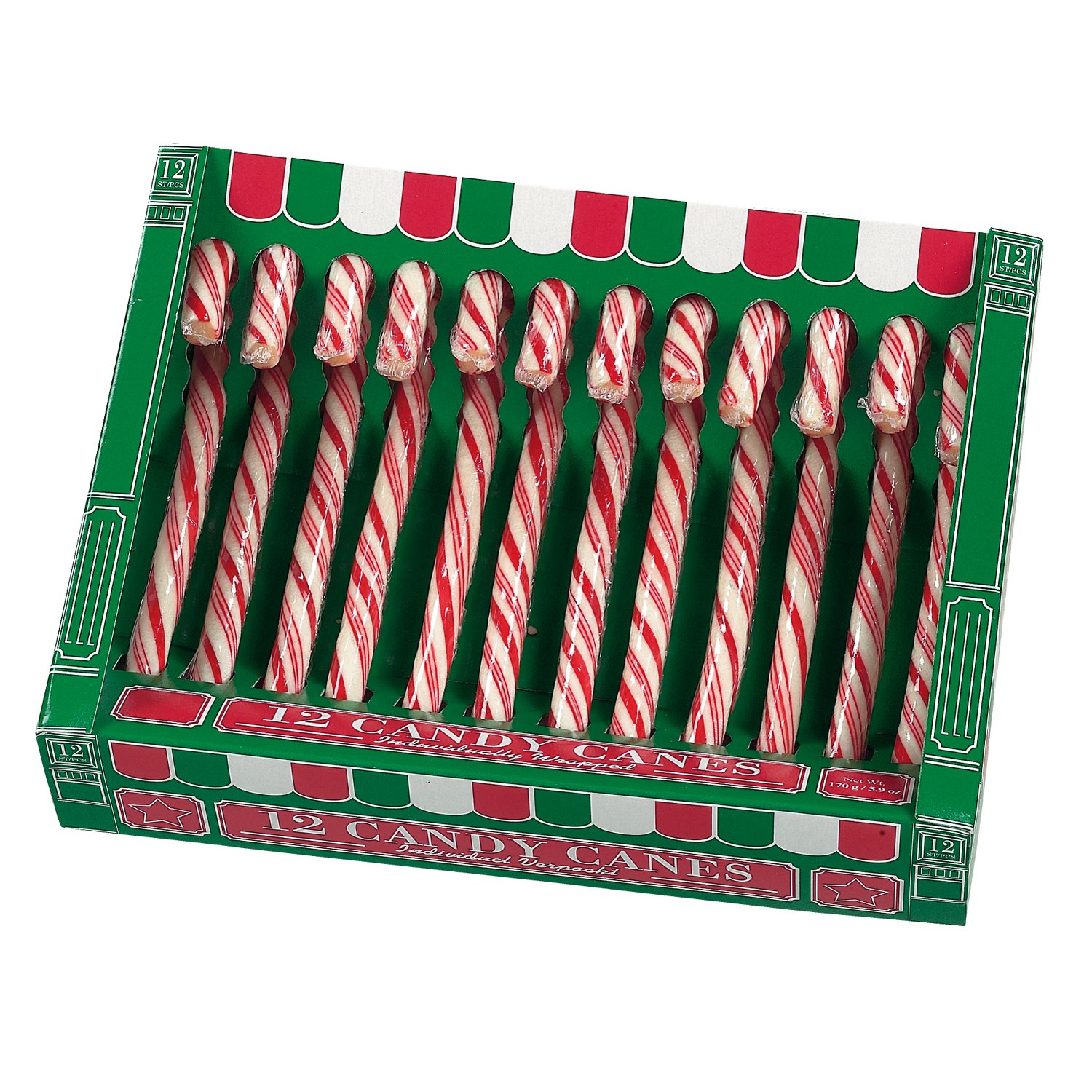 Green box of 12 red and white candy canes (12.8cm) 24x170g
