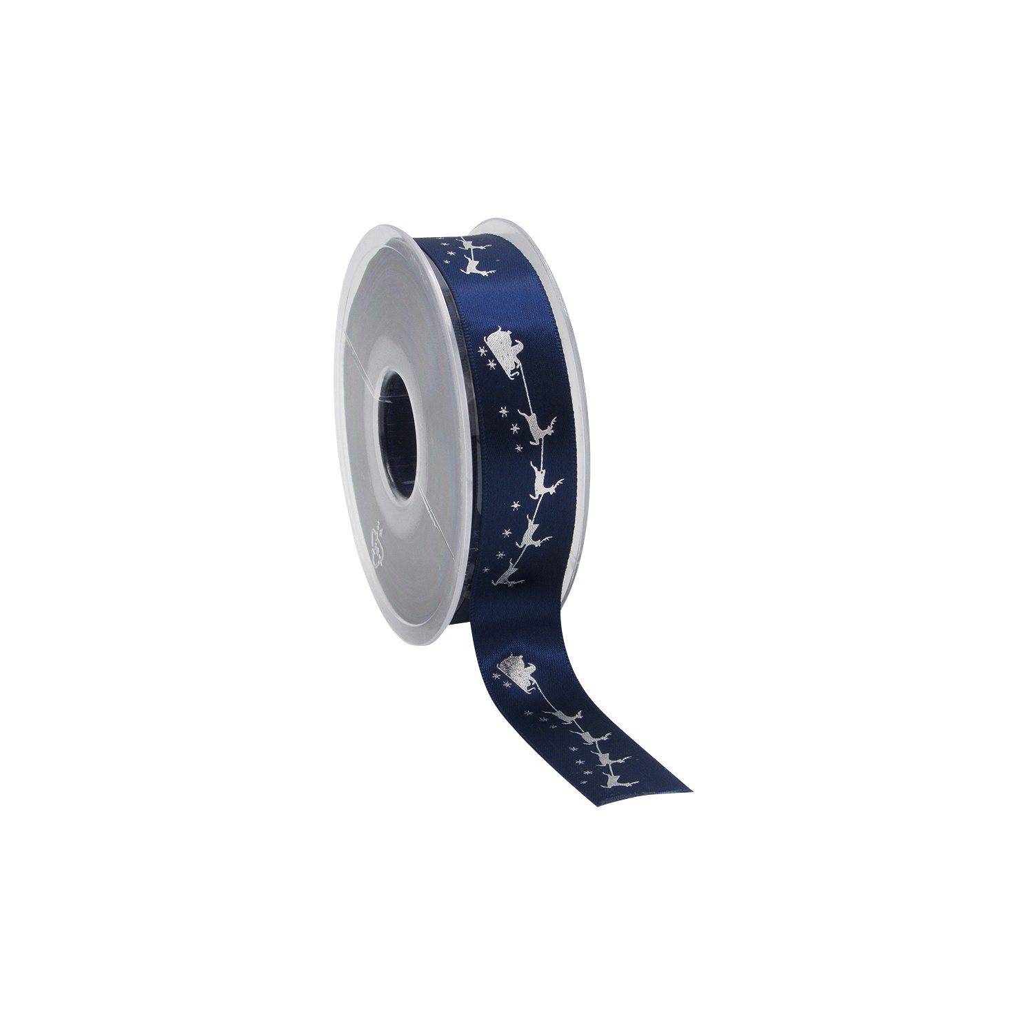 Midnight blue single faced satin ribbon with Santa on sleigh design 23mmx25m