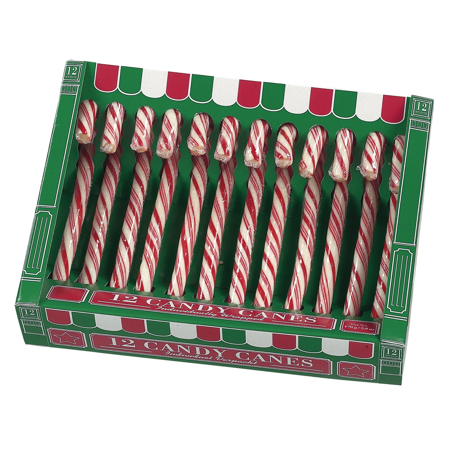 Green box of 12 red and white candy canes (12.8cm) - 24x170g