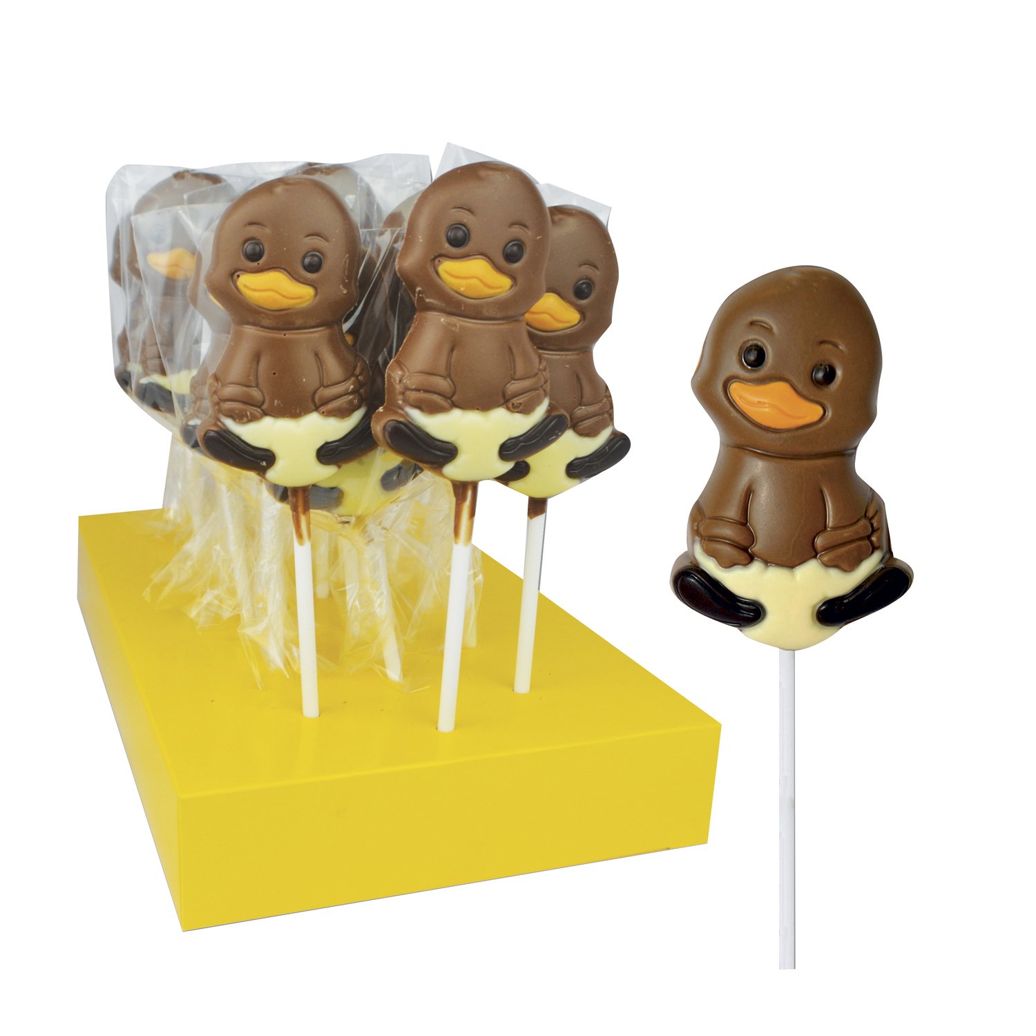 Easter chick hand decorated milk choc lollies in display - 18x35g