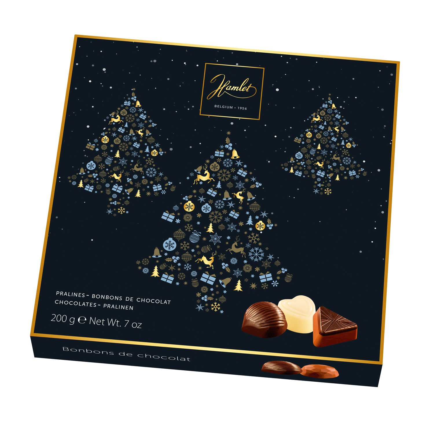 Hamlet black carton of assorted pralines with Christmas tree design 12x200g