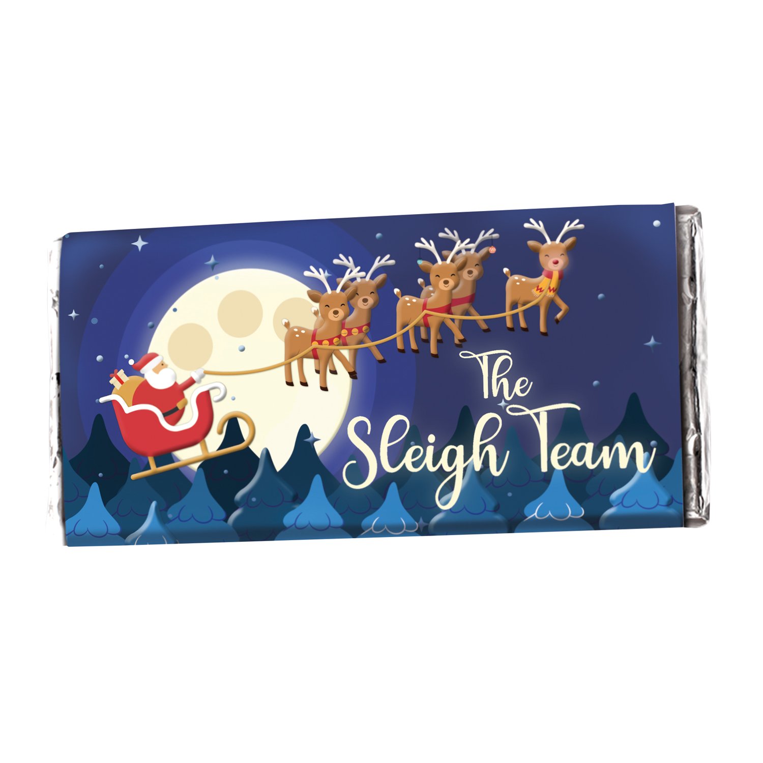 Solid milk chocolate bar with The Sleigh Team design 20x85g