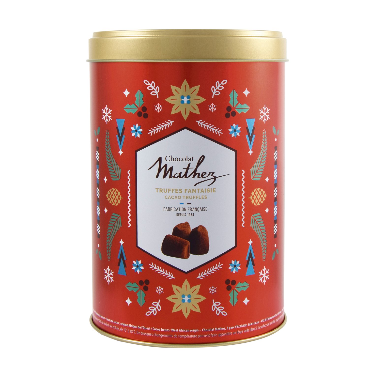 Mathez original French cocoa truffles in red Christmas design tin - 10x500g
