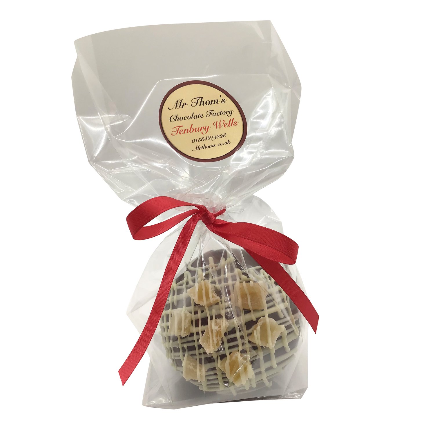 Real ginger decorated hollow dark chocolate baubles in cello bag 10x80g