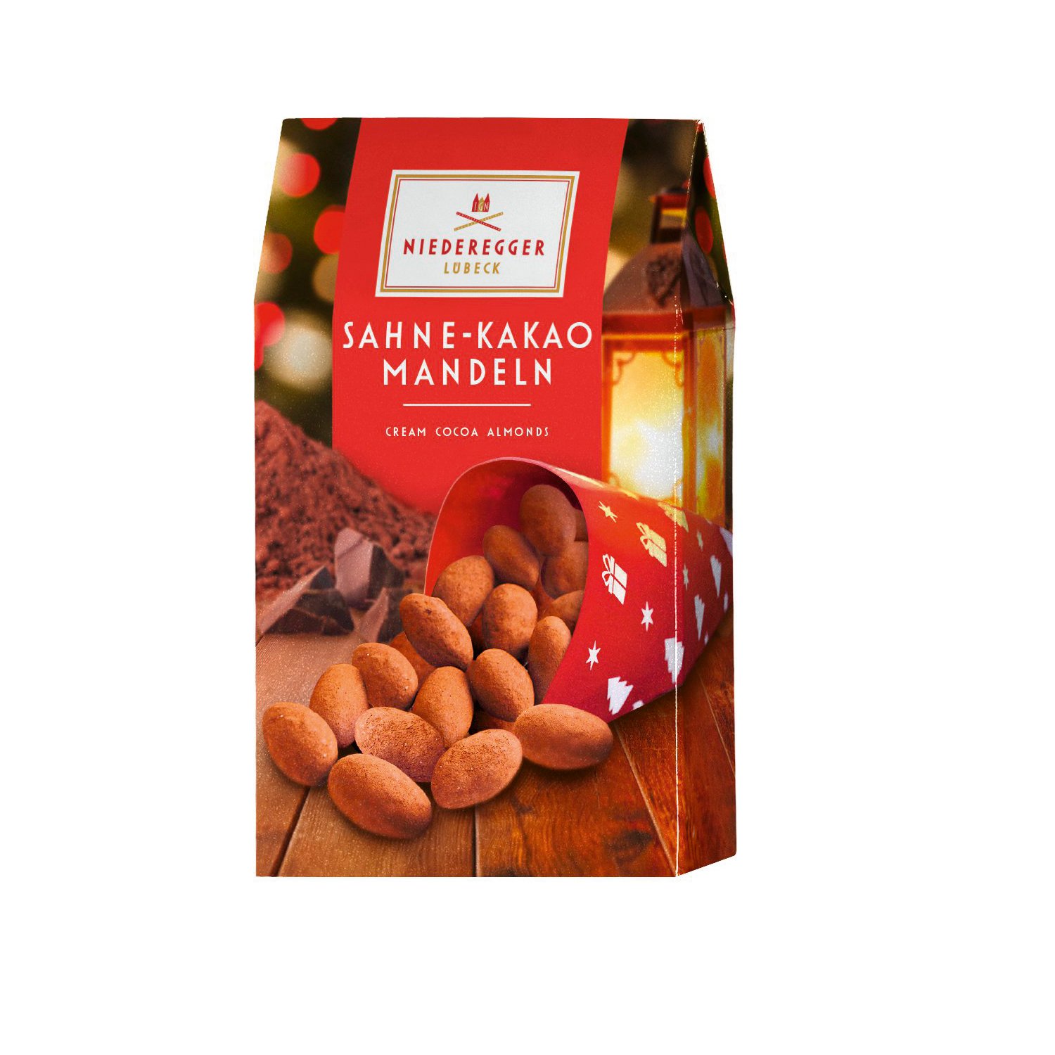 Cream cocoa dusted almonds in red gift carton 10x100g