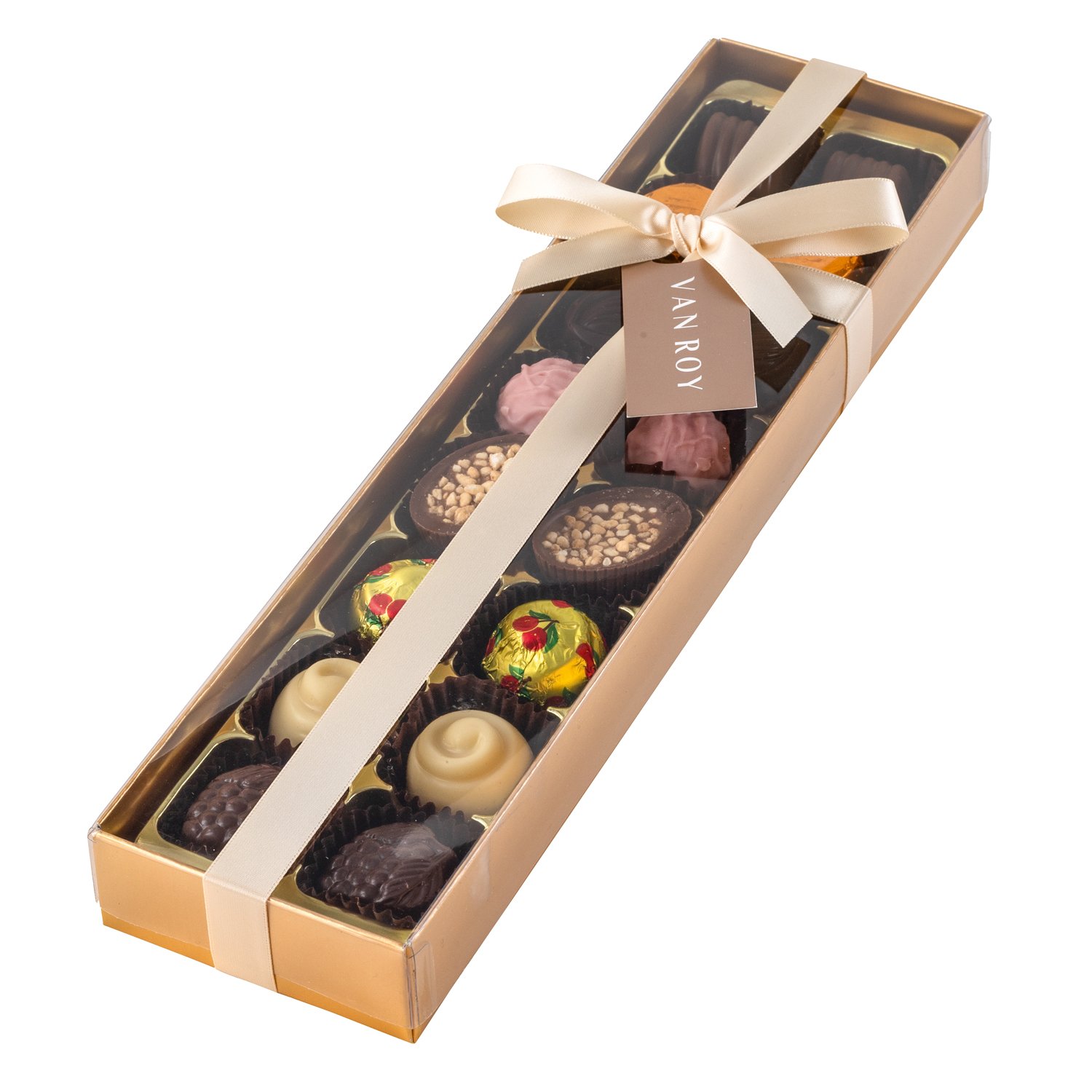 16 Belgian chocs in gold base with clear lid and ribbon 12x220g