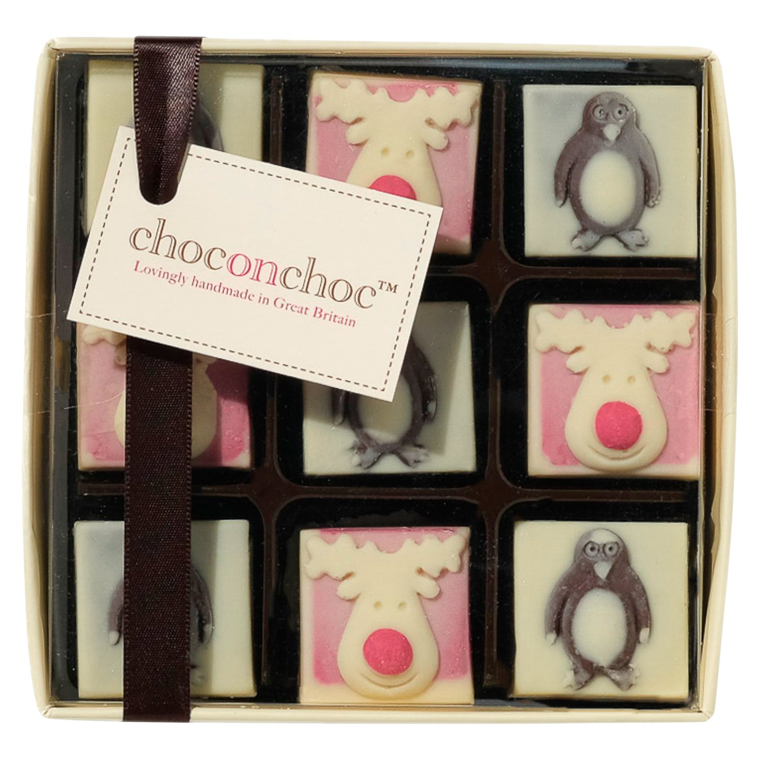 Handmade decorated white/dark choc reindeer and penguins carton 6x84g
