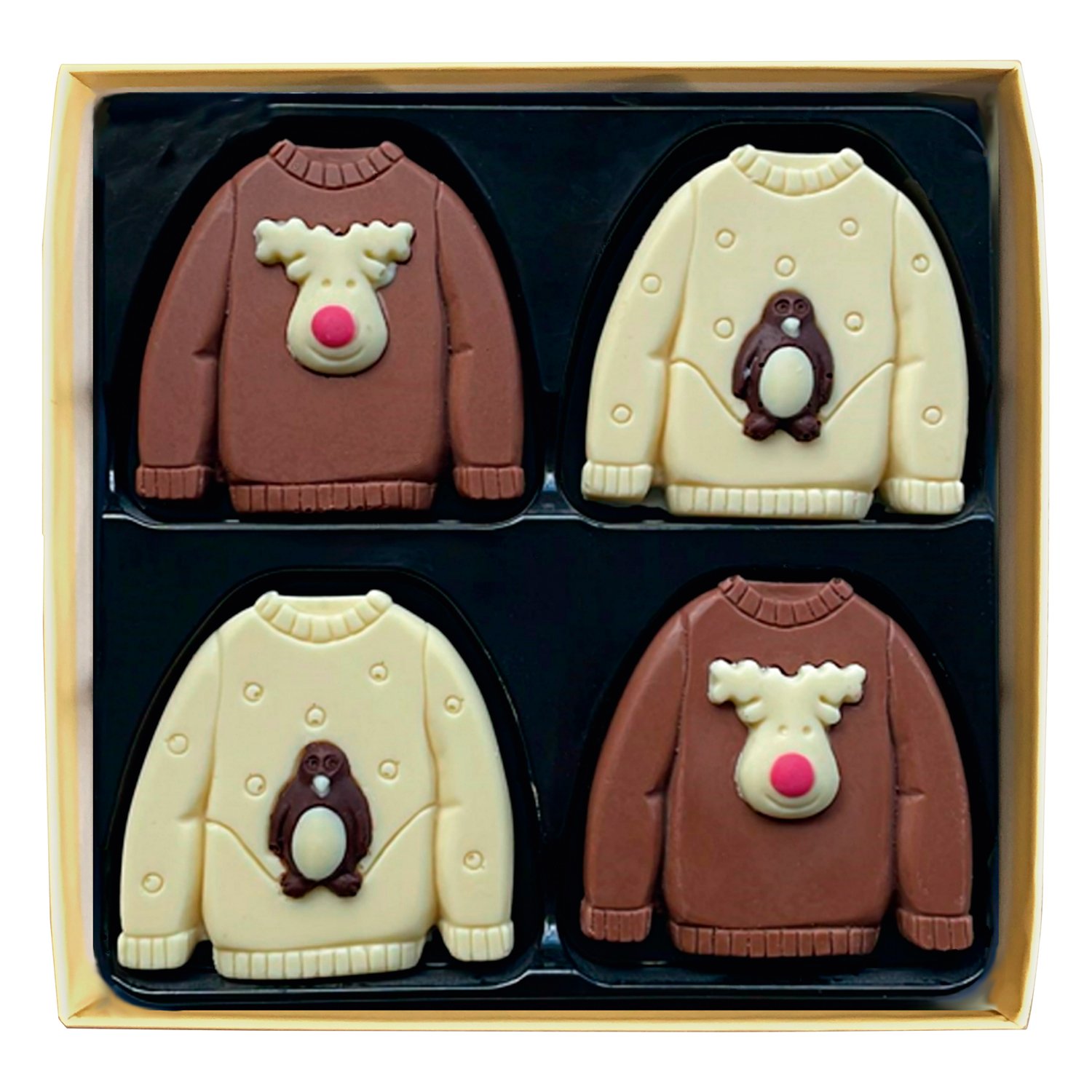 Handmade decorated assorted chocolate Christmas jumpers carton 6x163g