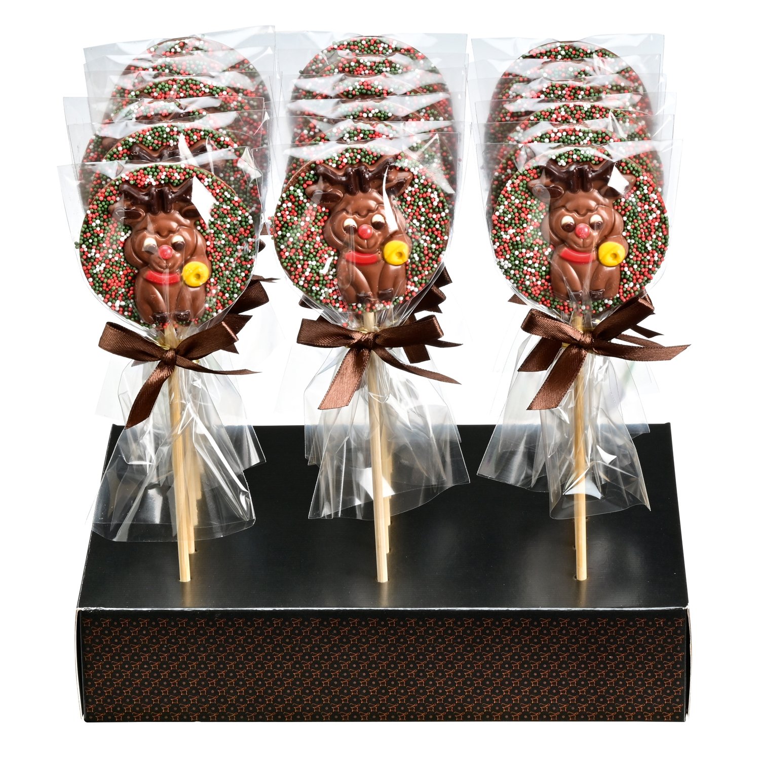 Decorated milk choc lollipops with reindeer plaque in display 18x45g
