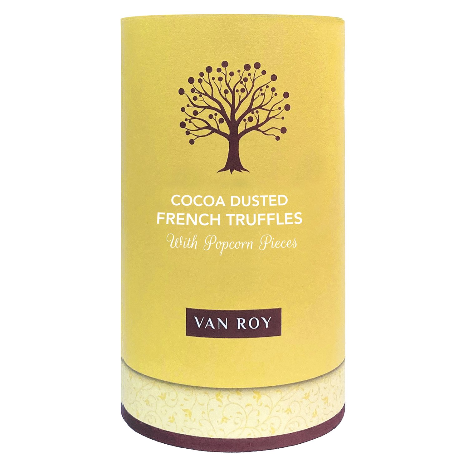 Van Roy cocoa truffles with popcorn pieces in rigid tube 8x150g