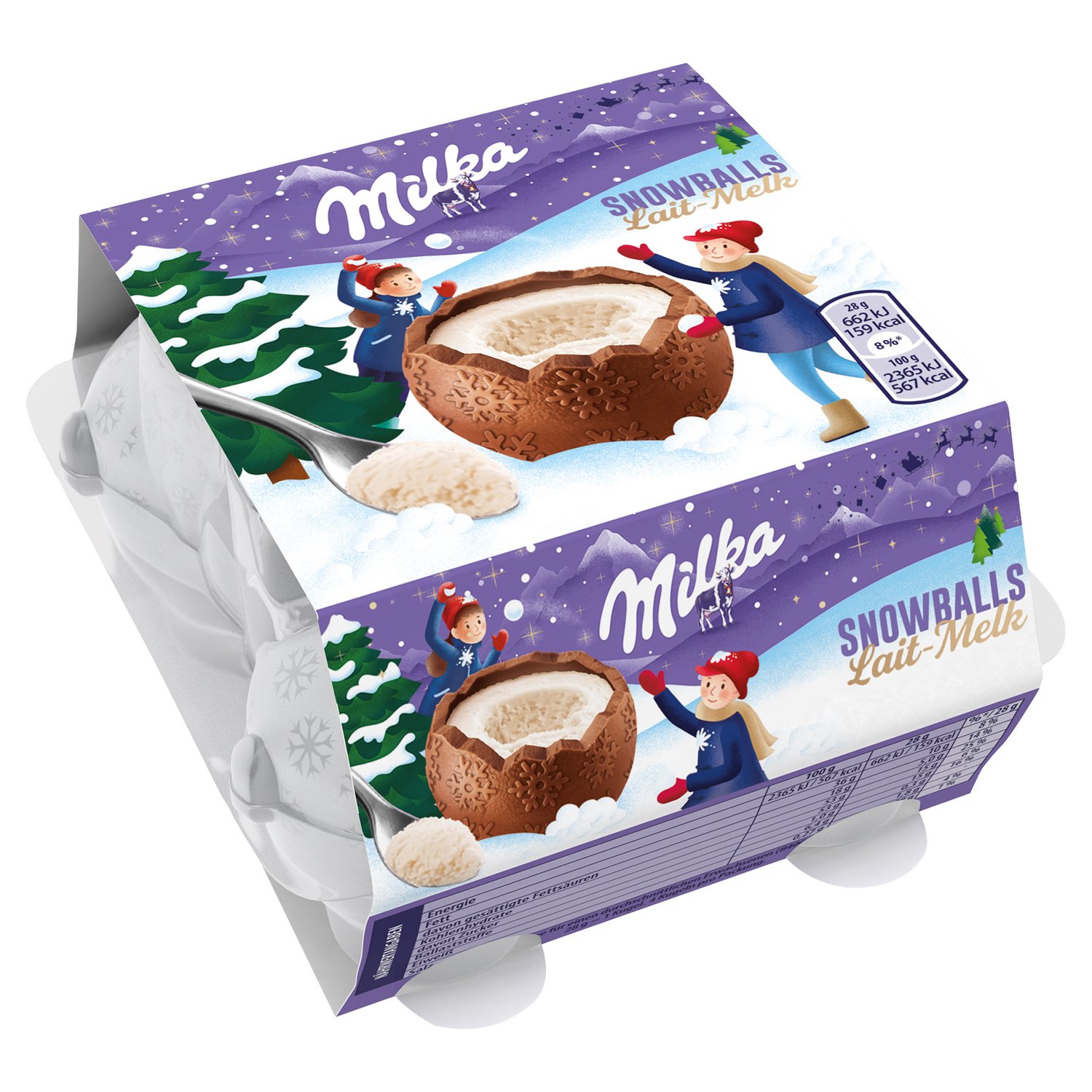 Milka milk chocolate snowballs with milk cr�me filling in 4 pack 20x112g