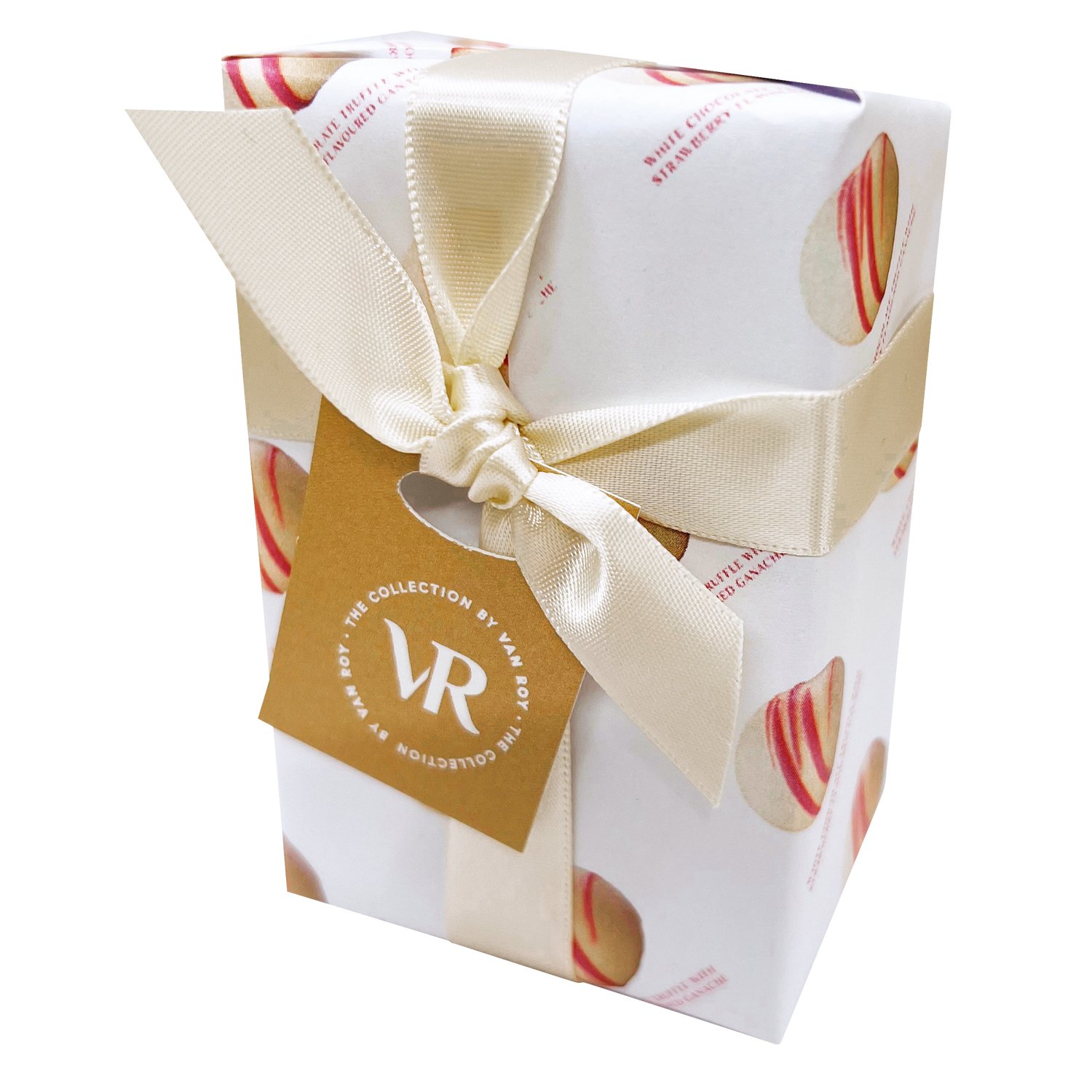 Mini gift wrapped ballotin of white strawberry truffles 10x85g